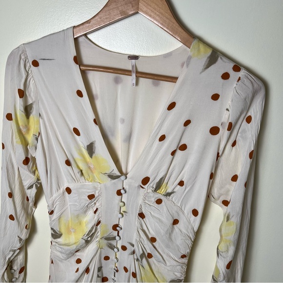 Free People Date Night Draped Mini Dress Sunshine Floral PolkaDot Long Sleeve XS - Picture 4 of 10